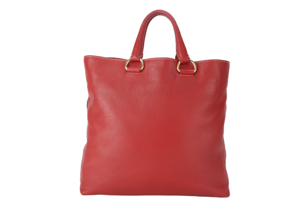 PRADA CONVERTIBLE VERTICAL TOTE RED GRAINED CALF LEATHER GOLD HARDWARE WITH DUST COVER AND STRAP