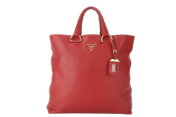 PRADA CONVERTIBLE VERTICAL TOTE RED GRAINED CALF LEATHER GOLD HARDWARE WITH DUST COVER AND STRAP