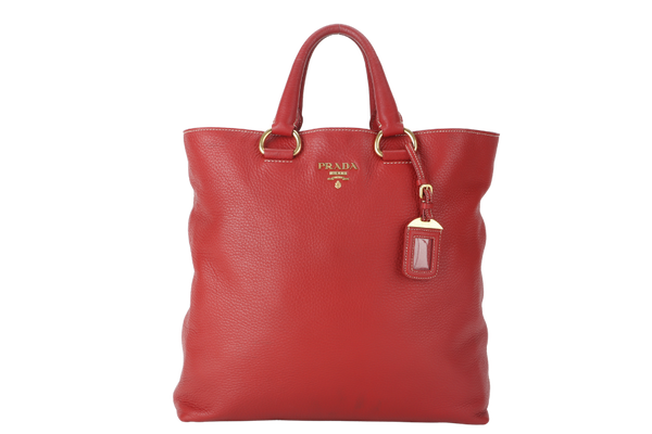 PRADA CONVERTIBLE VERTICAL TOTE RED GRAINED CALF LEATHER GOLD HARDWARE WITH DUST COVER AND STRAP