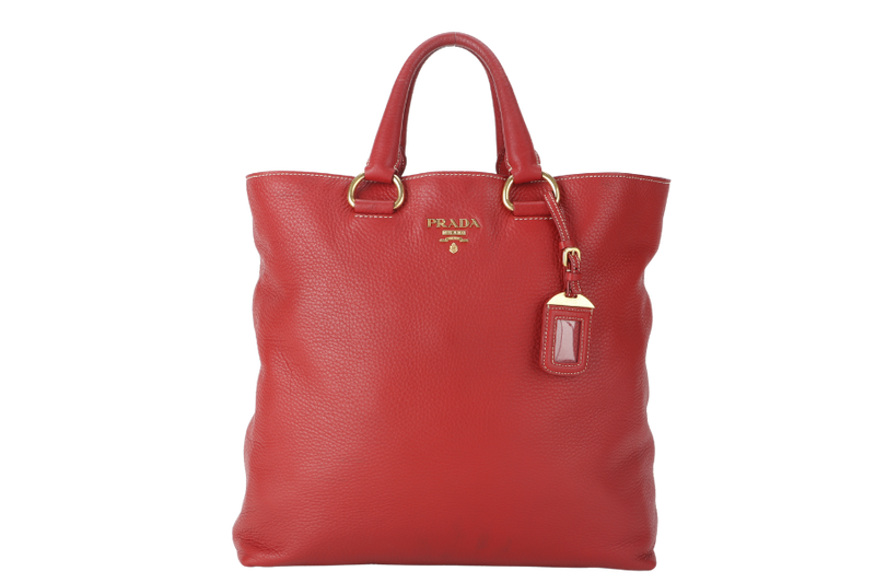 PRADA CONVERTIBLE VERTICAL TOTE RED GRAINED CALF LEATHER GOLD HARDWARE WITH DUST COVER AND STRAP