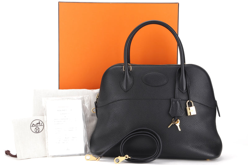 HERMES BOLIDE 31 (STAMP D) BLACK CLEMENCE LEATHER GOLD HARDWARE, WITH KEYS, LOCK, RAINCOAT, DUST COVER & BOX