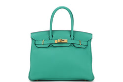 HERMES BIRKIN 30 (STAMP Z) MENTHE GREEN CLEMENCE LEATHER GOLD HARDWARE, WITH LOCK, KEYS, RAINCOAT & DUST COVER