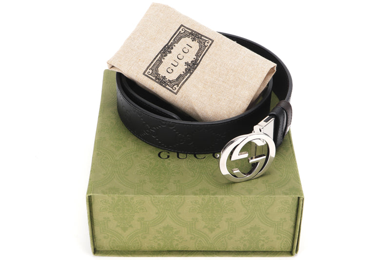 GUCCI 473030 CWCWN 214351 REVERSIBLE BLACK GUCCI SIGNATURE BELT, WITH DUST COVER & BOX