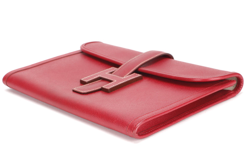 HERMES JEGE CLUTCH (NO STAMP) GRAIN COURCHEVEL RED LEATHER, WITH DUST COVER