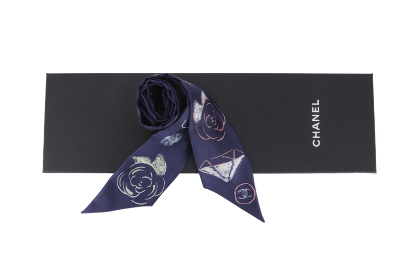 CHANEL TWILLY SCARF CAMELLIA REVIRSIBLE BLUE SILK WITH BOX