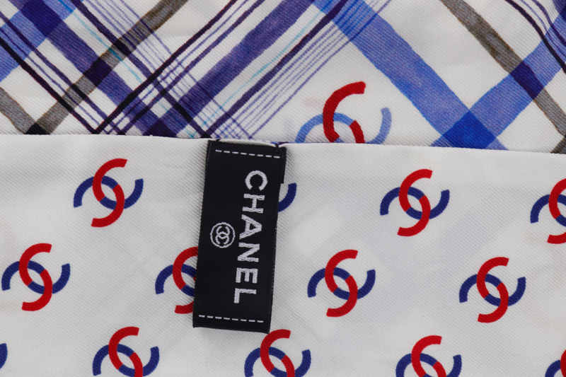 CHANEL TWILLY SCARF BLUE WHITE SILK WITH BOX