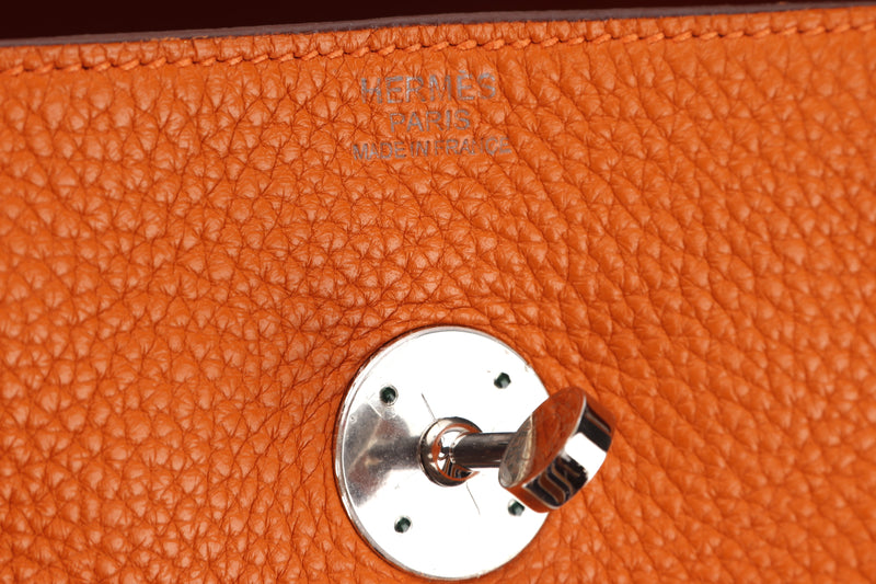 HERMES LINDY 30 (STAMP Q 2013) FEU COLOR CLEMENCE LEATHER PALLADIUM HARDWARE, WITH RAINCOAT & DUST COVER
