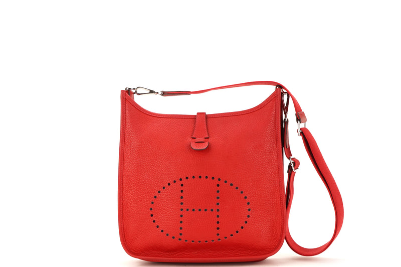 HERMES EVELYNE (STAM O 2011) PM SIZE ROUGE CASAQUE CLEMENCE PALLADIUM HARDWARE, WITH STRAP & DUST COVER