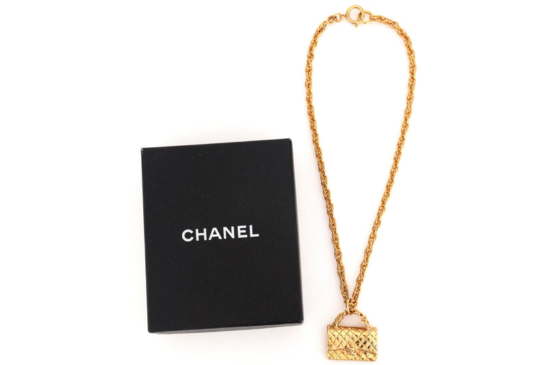 CHANEL VINTAGE NECKLACE BAG MOTIF PENDANT GOLD PLATED, WITH BOX