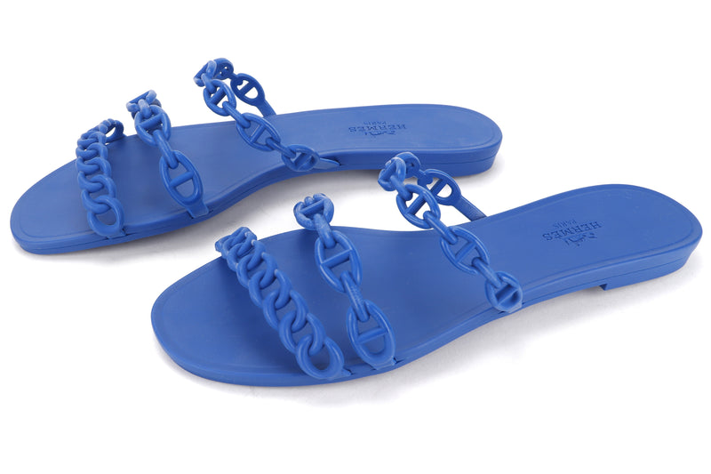 HERMES RIVAGE SLIDE SANDALS BLUE RUBBER, SIZE 38, WITH BOX