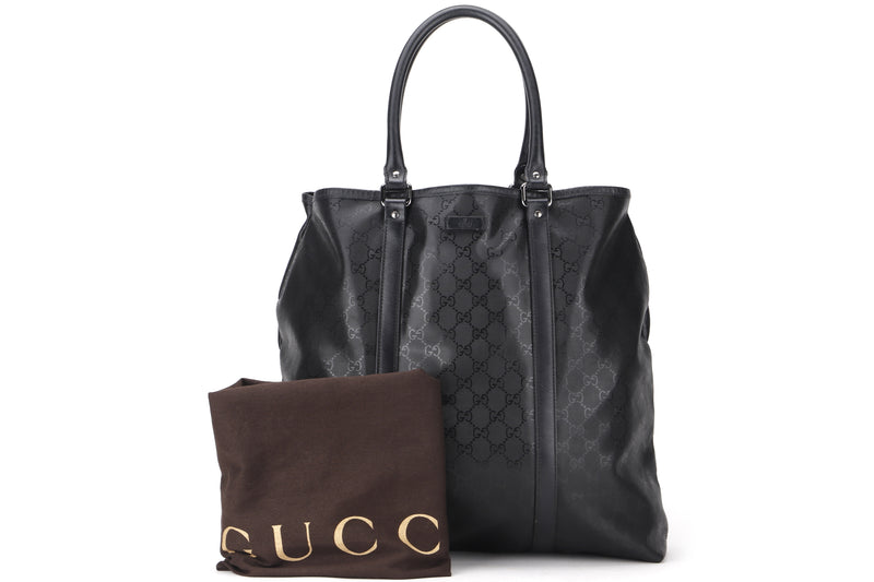 GUCCI TOTE 223668 214397 LARGE BLACK DIAMANTE GG MONOGRAM COATED CANVAS SILVER HARDWARE, WITH DUST COVER