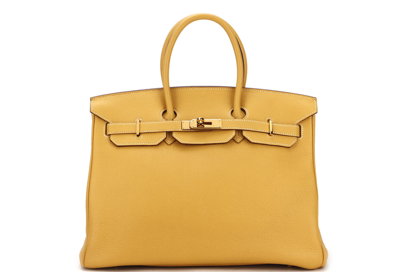 HERMES BIRKIN 35 (STAMP L) MOUTARDE CLEMENCE LEATHER GOLD HARDWARE, WITH KEYS, LOCK, RAINCOAT & DUST COVER