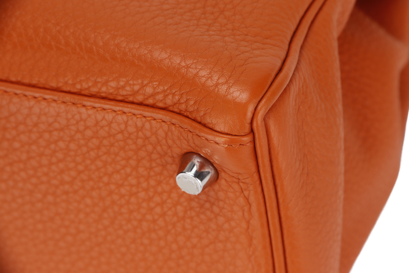 HERMES KELLY 28 RETOURNE (STAMP X) ORANGE CLEMENCE LEATHER SILVER HARDWARE WITH STRAP, LOCK&KEYS, RAINCOAT, DUST COVER & BOX