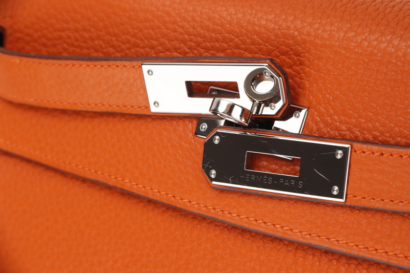 HERMES KELLY 28 RETOURNE (STAMP X) ORANGE CLEMENCE LEATHER SILVER HARDWARE WITH STRAP, LOCK&KEYS, RAINCOAT, DUST COVER & BOX