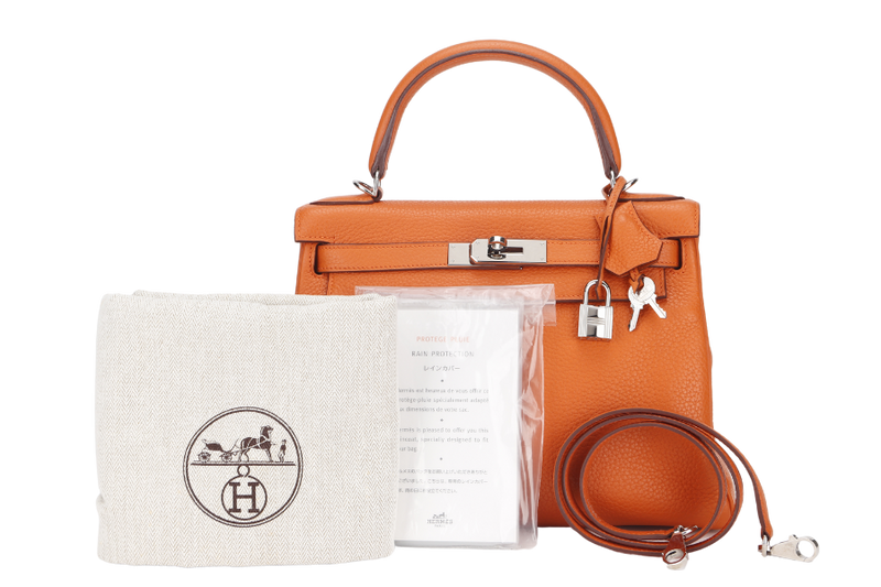 HERMES KELLY 28 RETOURNE (STAMP X) ORANGE CLEMENCE LEATHER SILVER HARDWARE WITH STRAP, LOCK&KEYS, RAINCOAT, DUST COVER & BOX