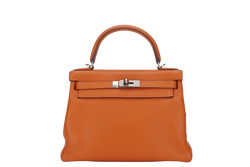 HERMES KELLY 28 RETOURNE (STAMP X) ORANGE CLEMENCE LEATHER SILVER HARDWARE WITH STRAP, LOCK&KEYS, RAINCOAT, DUST COVER & BOX