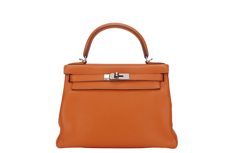 HERMES KELLY 28 RETOURNE (STAMP X) ORANGE CLEMENCE LEATHER SILVER HARDWARE WITH STRAP, LOCK&KEYS, RAINCOAT, DUST COVER & BOX