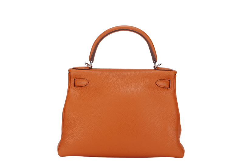 HERMES KELLY 28 RETOURNE (STAMP X) ORANGE CLEMENCE LEATHER SILVER HARDWARE WITH STRAP, LOCK&KEYS, RAINCOAT, DUST COVER & BOX