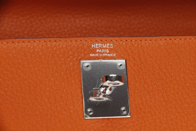 HERMES KELLY 28 RETOURNE (STAMP X) ORANGE CLEMENCE LEATHER SILVER HARDWARE WITH STRAP, LOCK&KEYS, RAINCOAT, DUST COVER & BOX