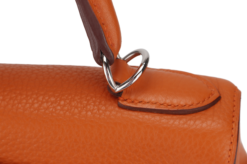 HERMES KELLY 28 RETOURNE (STAMP X) ORANGE CLEMENCE LEATHER SILVER HARDWARE WITH STRAP, LOCK&KEYS, RAINCOAT, DUST COVER & BOX