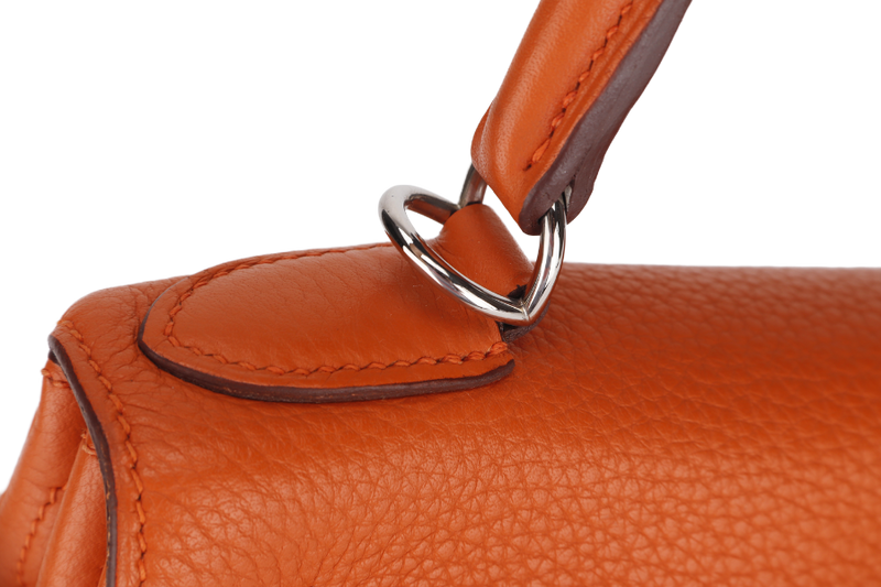 HERMES KELLY 28 RETOURNE (STAMP X) ORANGE CLEMENCE LEATHER SILVER HARDWARE WITH STRAP, LOCK&KEYS, RAINCOAT, DUST COVER & BOX