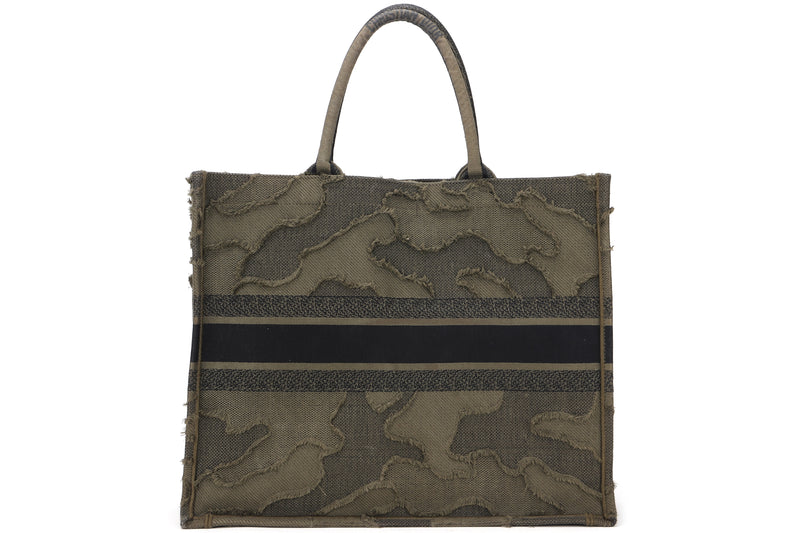 CHRISTIAN DIOR BOOK TOTE (50-MA-1119) LARGE GREEN CAMOUFLAGE EMBROIDERY CANVAS, WITH DUST COVER & BOX