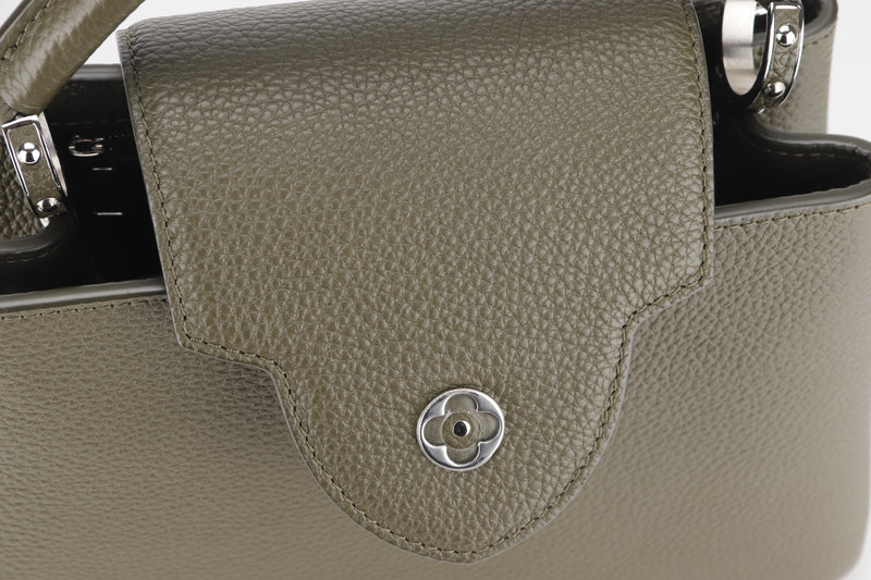 LOUIS VUITTON M57227 CAPUCINES BB, KHAKI COLOR TAURILLON LEATHER SILVER HARDWARE, WITH STRAP & DUST COVER