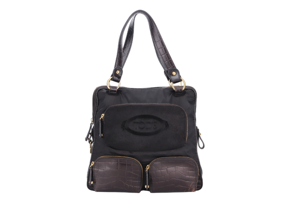 TOD'S SHOULDER BAG BLACK SATIN, PONY HAIR & CROCODILE EMBOSSED POCKET GOLD HARDWARE, WITH DUST COVER