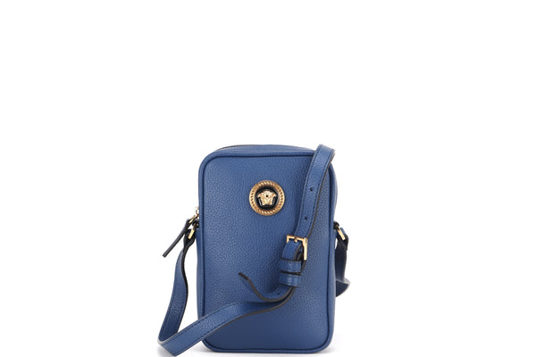 VERSACE BIGGIE CROSSBODY BAG, SMALL BLUE LEATHER GOLD HARDWARE, WITH DUST COVER & BOX
