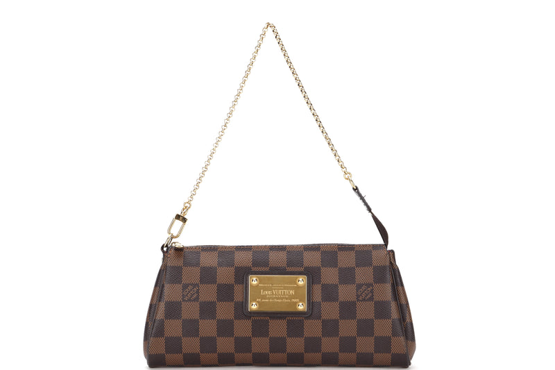 LOUIS VUITTON EVA CLUTCH (AA0144) DAMIER EBENE CANVAS GOLD HARDWARE, WITH STRAP & CHAIN, NO DUST COVER