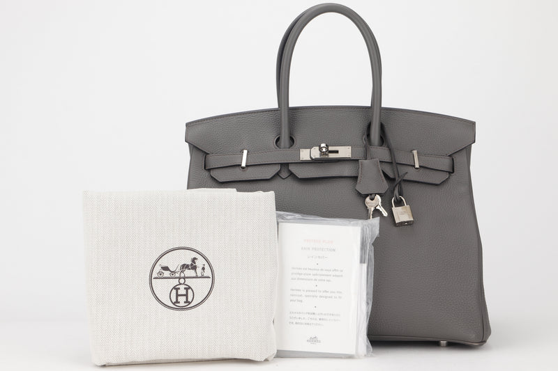 HERMES BIRKIN 35 (STAMP Y) ETAIN TOGO LEATHER SILVER HARDWARE, WITH KEYS, LOCK, RAINCOAT & DUST COVER