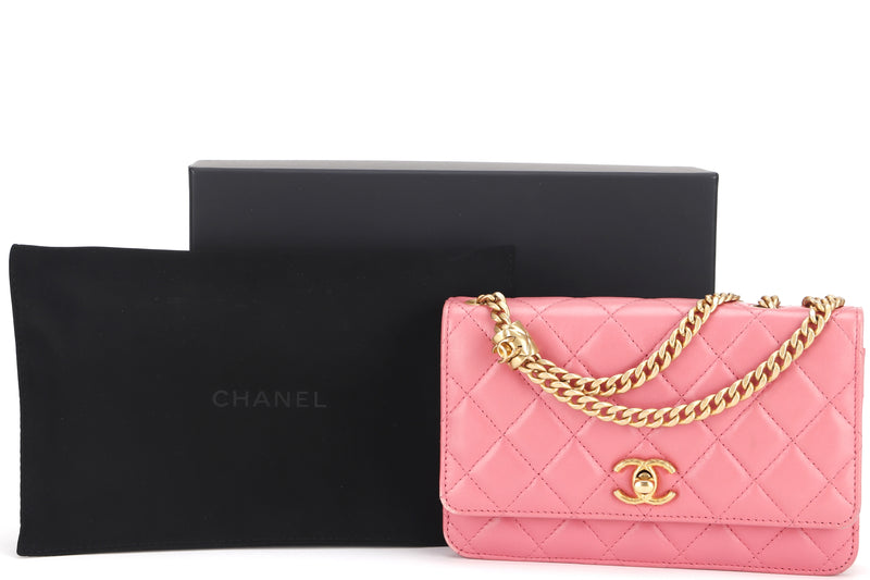 CHANEL PILLOW CRUSH WALLET ON CHAIN (A7U5xxxx) PINK LAMBSKIN GOLD HARDWARE, WITH DUST COVER BOX