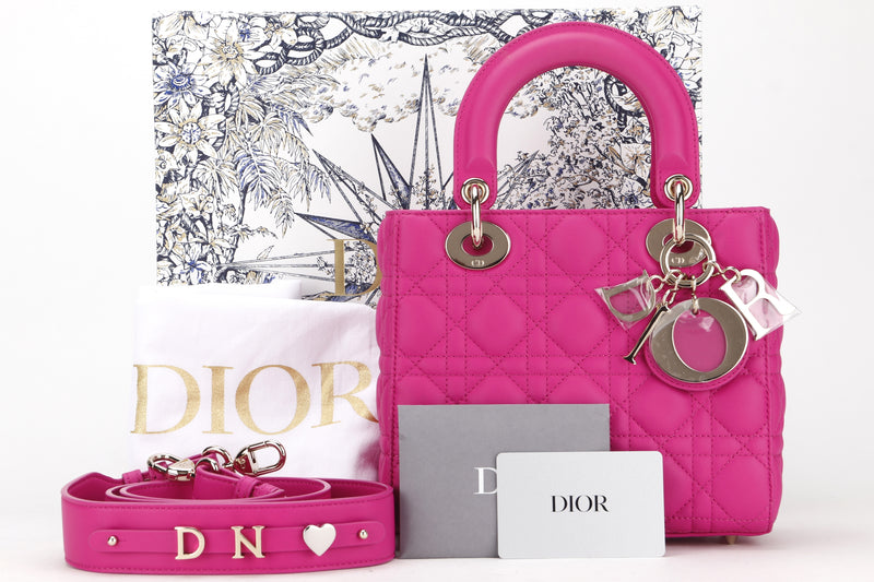 CHRISTIAN DIOR LADY DIOR (88-MA-0233) SMALL PINK LAMBSKIN GOLD HARDWARE, WITH CARD, STRAP, DUST COVER & BOX