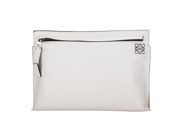 LOEWE T POUCH (06 14 07) WHITE CALF LEATHER SILVER HARDWARE, NO DUST COVER