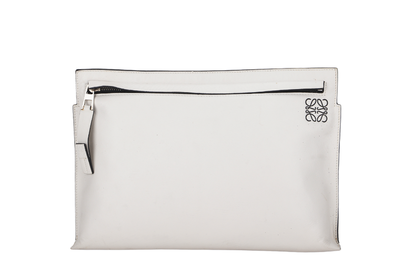 LOEWE T POUCH (06 14 07) WHITE CALF LEATHER SILVER HARDWARE, NO DUST COVER