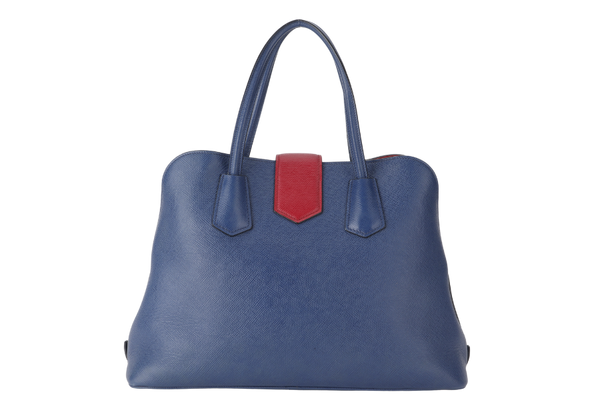 PRADA BLUE-RED SAFFIANO LEATHER DOUBLE HANDLE TOTE (BN2755) GOLD HARDWARE WITH STRAP, CARD AND DUST COVER