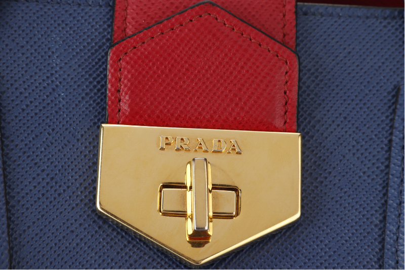 PRADA BLUE-RED SAFFIANO LEATHER DOUBLE HANDLE TOTE (BN2755) GOLD HARDWARE WITH STRAP, CARD AND DUST COVER