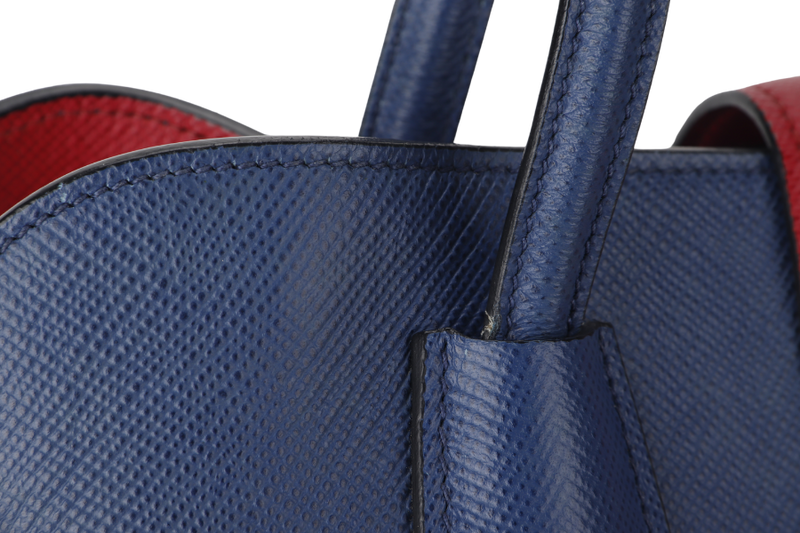 PRADA BLUE-RED SAFFIANO LEATHER DOUBLE HANDLE TOTE (BN2755) GOLD HARDWARE WITH STRAP, CARD AND DUST COVER