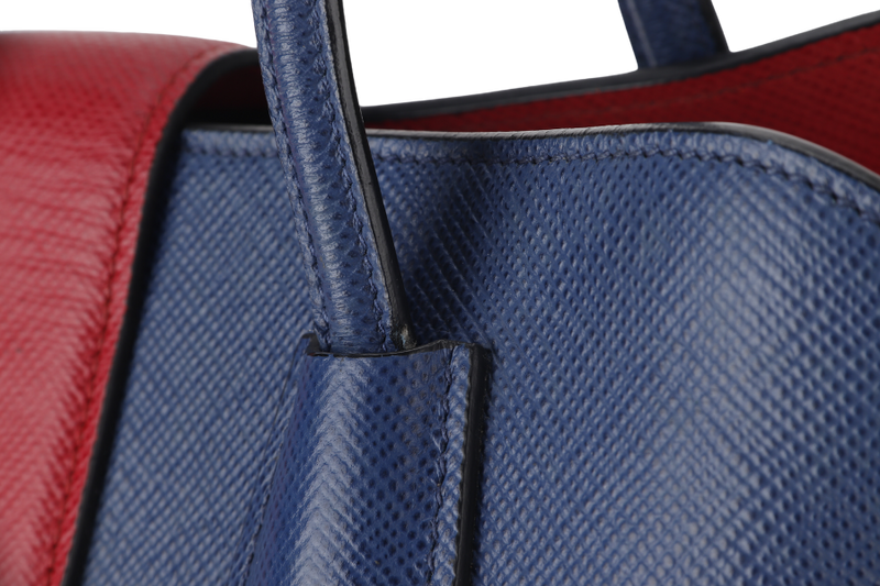 PRADA BLUE-RED SAFFIANO LEATHER DOUBLE HANDLE TOTE (BN2755) GOLD HARDWARE WITH STRAP, CARD AND DUST COVER