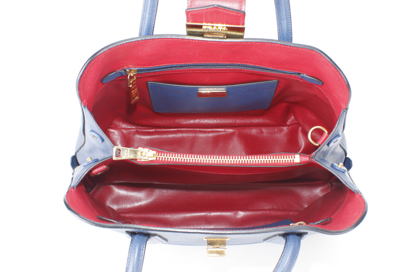 PRADA BLUE-RED SAFFIANO LEATHER DOUBLE HANDLE TOTE (BN2755) GOLD HARDWARE WITH STRAP, CARD AND DUST COVER