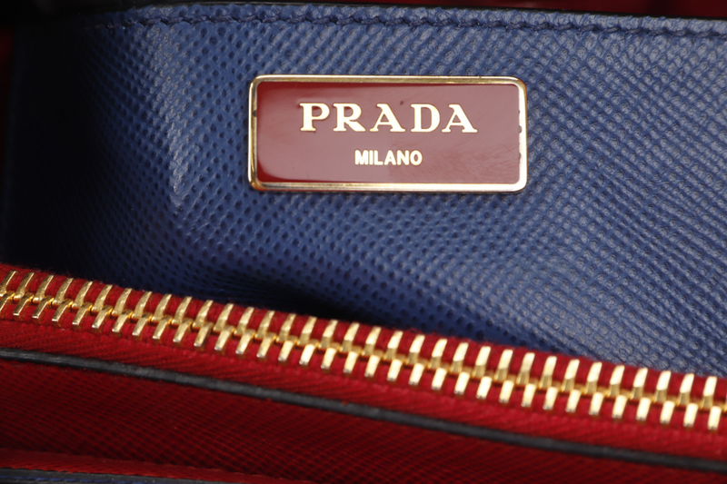 PRADA BLUE-RED SAFFIANO LEATHER DOUBLE HANDLE TOTE (BN2755) GOLD HARDWARE WITH STRAP, CARD AND DUST COVER