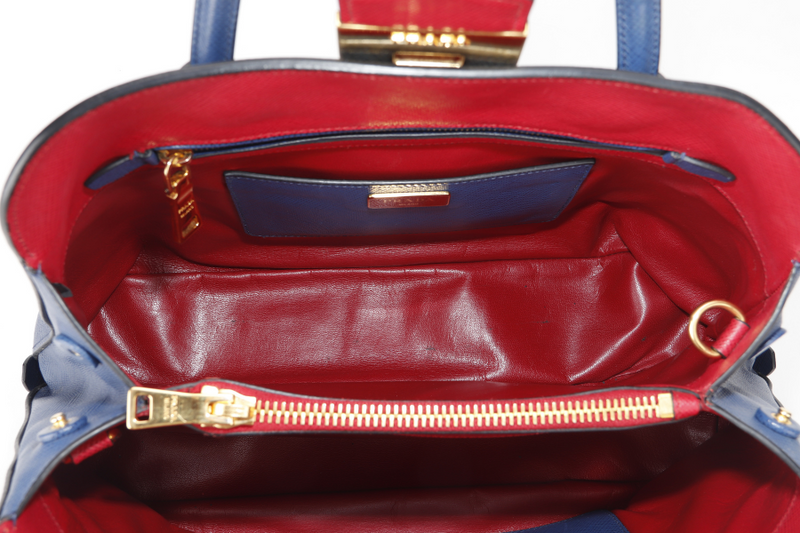 PRADA BLUE-RED SAFFIANO LEATHER DOUBLE HANDLE TOTE (BN2755) GOLD HARDWARE WITH STRAP, CARD AND DUST COVER