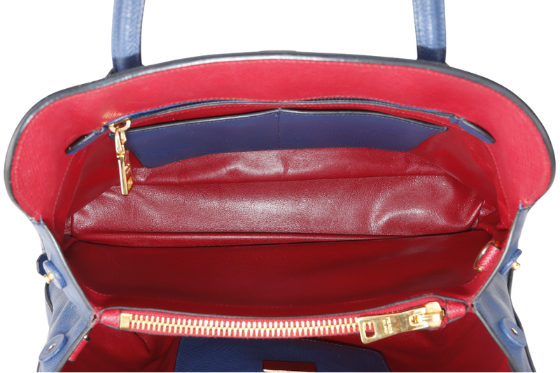 PRADA BLUE-RED SAFFIANO LEATHER DOUBLE HANDLE TOTE (BN2755) GOLD HARDWARE WITH STRAP, CARD AND DUST COVER