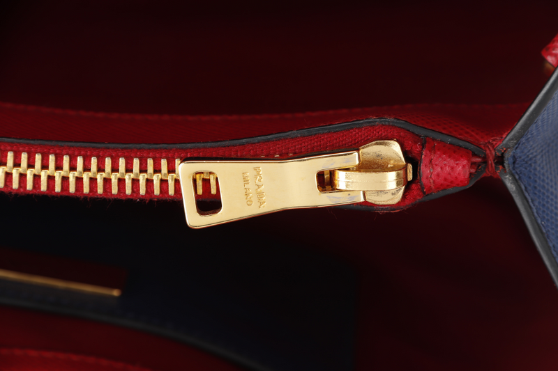 PRADA BLUE-RED SAFFIANO LEATHER DOUBLE HANDLE TOTE (BN2755) GOLD HARDWARE WITH STRAP, CARD AND DUST COVER