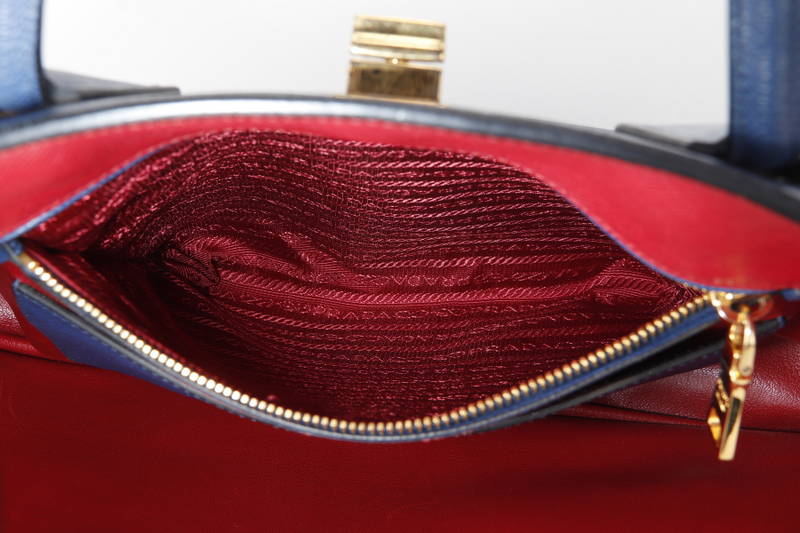 PRADA BLUE-RED SAFFIANO LEATHER DOUBLE HANDLE TOTE (BN2755) GOLD HARDWARE WITH STRAP, CARD AND DUST COVER