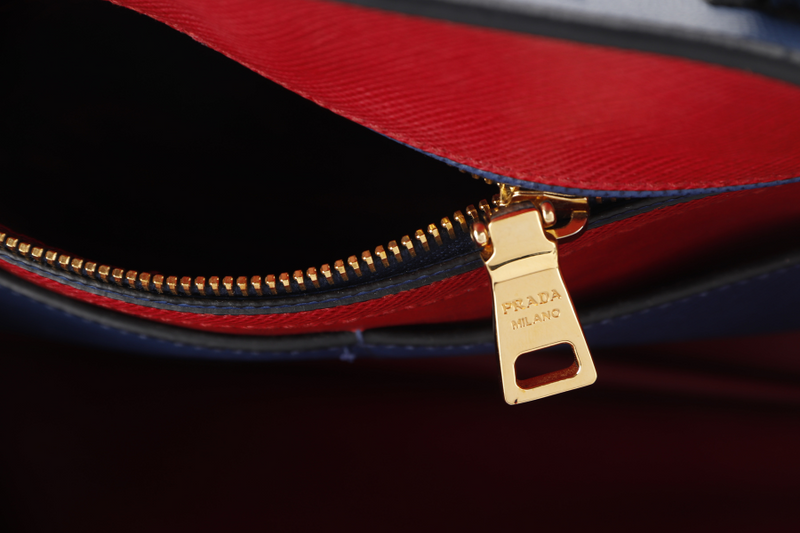 PRADA BLUE-RED SAFFIANO LEATHER DOUBLE HANDLE TOTE (BN2755) GOLD HARDWARE WITH STRAP, CARD AND DUST COVER