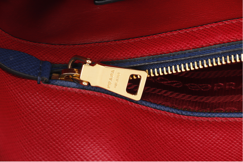 PRADA BLUE-RED SAFFIANO LEATHER DOUBLE HANDLE TOTE (BN2755) GOLD HARDWARE WITH STRAP, CARD AND DUST COVER