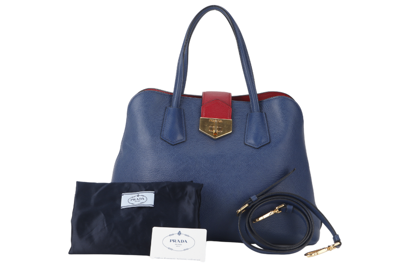 PRADA BLUE-RED SAFFIANO LEATHER DOUBLE HANDLE TOTE (BN2755) GOLD HARDWARE WITH STRAP, CARD AND DUST COVER