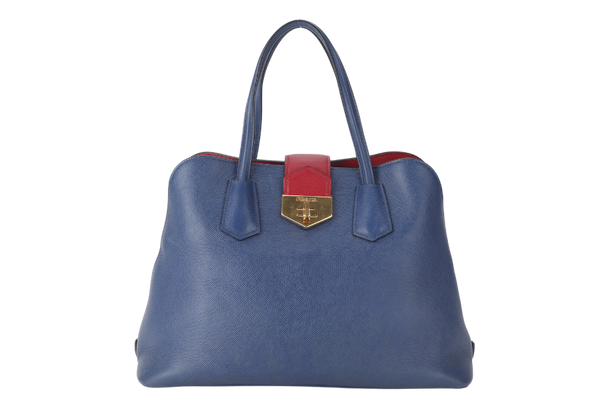 PRADA BLUE-RED SAFFIANO LEATHER DOUBLE HANDLE TOTE (BN2755) GOLD HARDWARE WITH STRAP, CARD AND DUST COVER