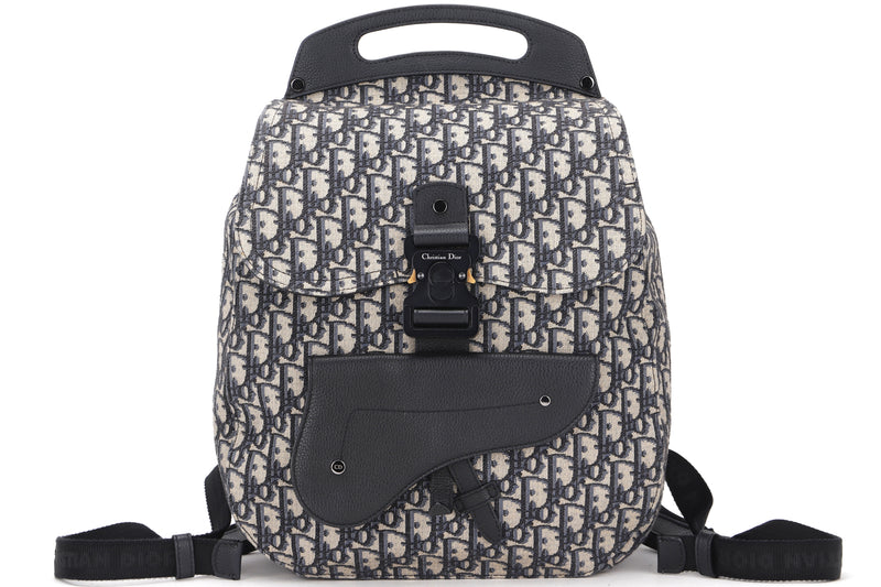 CHRISTIAN DIOR OBLIQUE SADDLE BACKPACK (16-BO-0232) DARK BLUE CANVAS SILVER HARDWARE, WITH DUST COVER & BOX